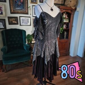 Nuance Party Dress Vintage 80s‎ Metallic Asymmetrical Ruffle Glam Disco Midi